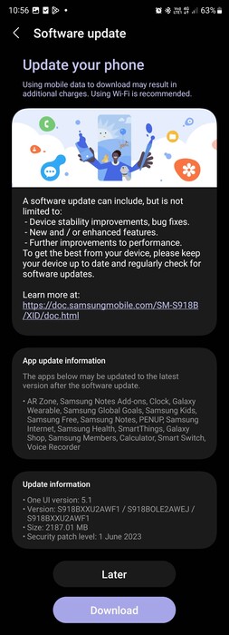 Liefert keine Informationen zum 2,2 GB großen Juni-Update: Der Samsung-Changelog am Galaxy S23 Ultra.