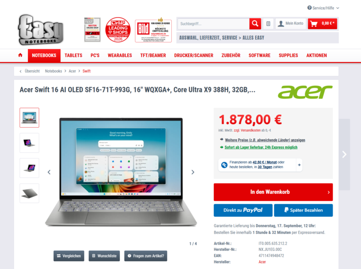 Acer Swift 16 AI OLED SF16-71T-993G für 1.878 Euro.