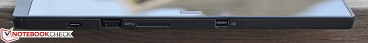 Rechts: USB Typ-C 3.1 Gen 1, USB 3.0, Lautsprecher, MiniDisplayPort (nicht im Bild: MicroSD-Karten-Leser unterhalb des Ständers)