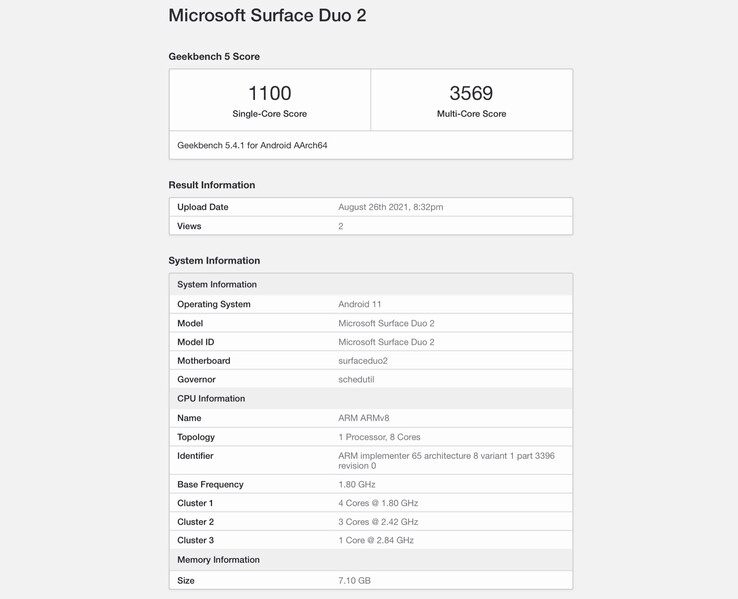 Das Microsoft Surface Duo 2 setzt offenbar auf einen Qualcomm Snapdragon 888. (Screenshot: Geekbench)