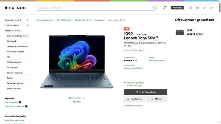 Lenovo Yoga Slim 7 14AKP10 (83JY006AGE) für 1.099 Euro.