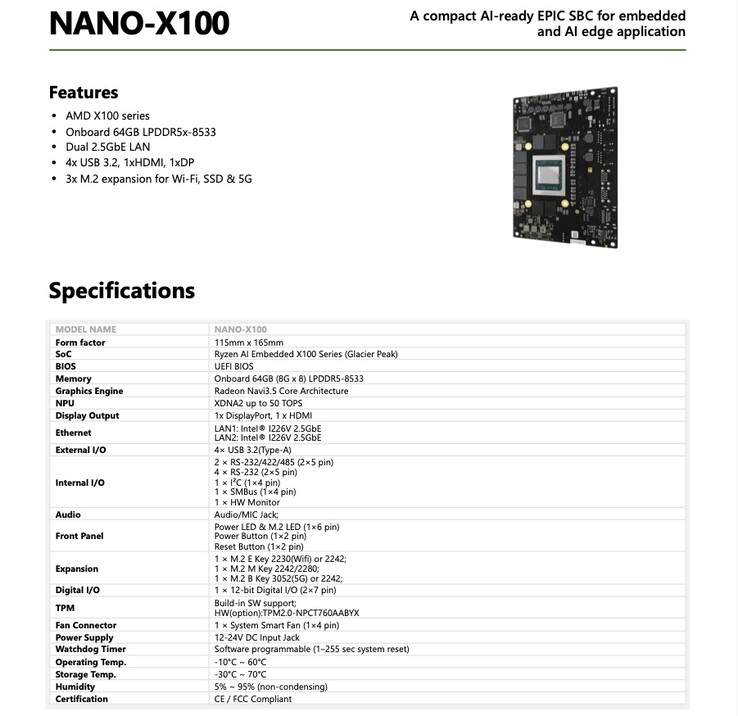 Technische Daten des Nano-X100 SBC