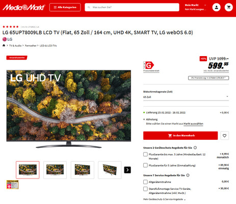 Preiskracher: Media Markt verkauft den LG UP78009LB 65-Zoll-Fernseher zum Bestpreis.