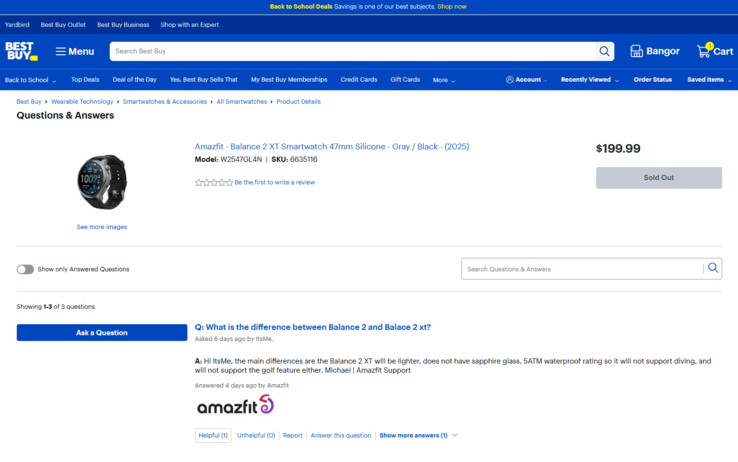 Ein Screenshot der offiziellen Klarstellung zu den Unterschieden zwischen der Amazfit Balance 2 XT und Balance 2 (Bildquelle: Best Buy)
