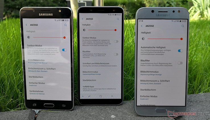 Samsung Galaxy J5 (2016), Galaxy J6 und Galaxy J5 (2017) mit Displayeinstellungen (von links)