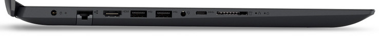 Linke Seite: Netzanschluss, Gigabit-Ethernet, HDMI, 2x USB 3.1 Gen 1 (Typ A), Audiokombo, USB 3.1 Gen 1 (Typ C), Speicherkartenleser (SD)