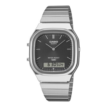 Casio AQ-240E-1A, analoge Retro-Digitaluhr mit schwarzem Sonnenschliff-Zifferblatt, silberfarbenem Gehäuse und Edelstahlarmband.