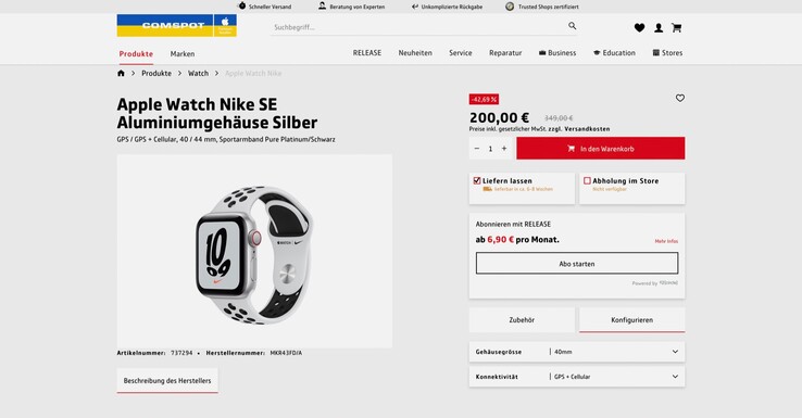 Comspot bietet die Apple Watch SE mit integriertem LTE-Modem für nur 200 Euro an. (Bild: Comspot)