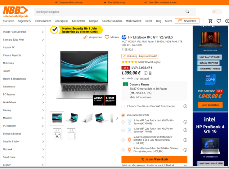 HP EliteBook 845 G11 927W0ES für 1.399 Euro.