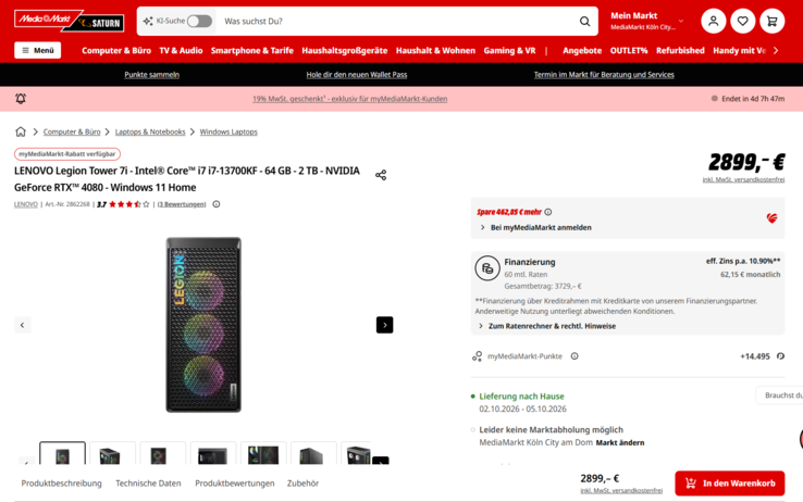 Lenovo Legion T7 34IRZ8 90V7001JGE für 2.436,15 Euro.
