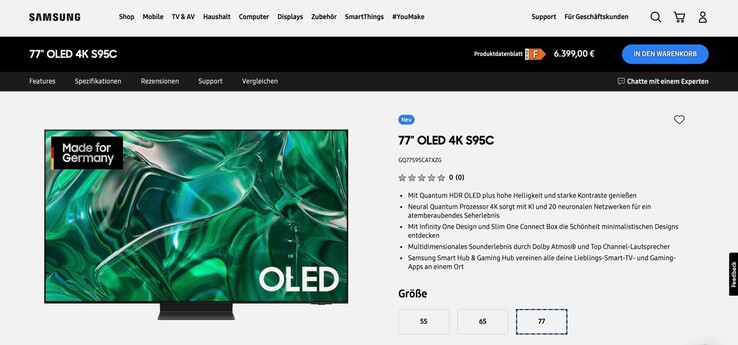 Samsungs 77 Zoll S95C QD-OLED Smart TV kostet in Deutschland stolze 1.600 Euro mehr als in einigen anderen EU-Ländern. (Bild: Samsung)