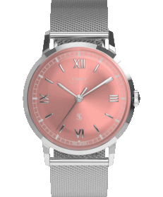 Timex x Todd Snyder Marlin Mesh-Uhr mit einem Zifferblatt in Lachsfarbe mit Sunburst-Optik und einem Armband aus Edelstahlgeflecht.