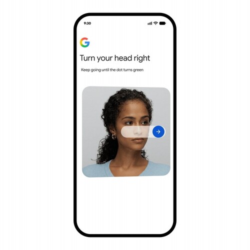 Google-Bildschirm mit der Aufforderung, den Kopf nach rechts zu drehen