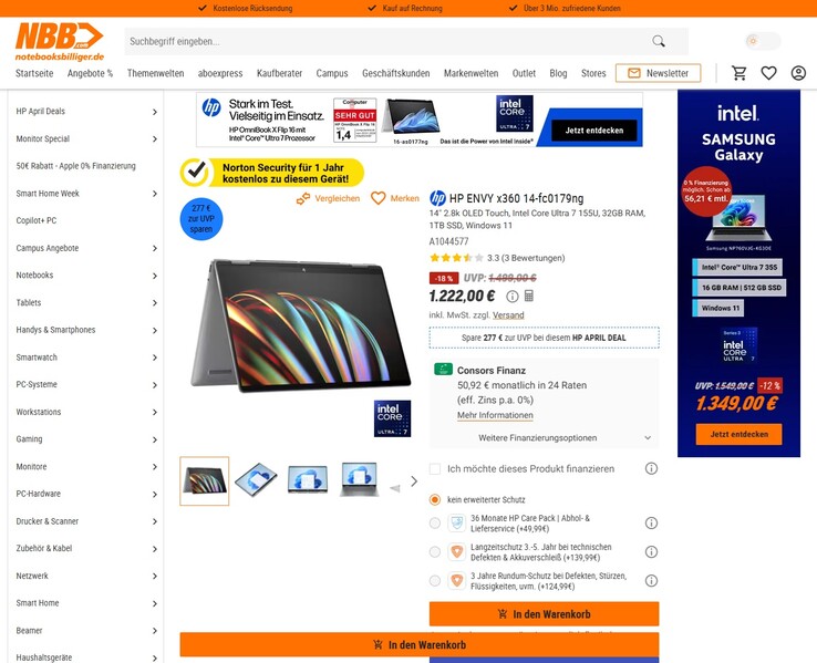 HP Envy x360 14-fc0179ng für 1.222 Euro.