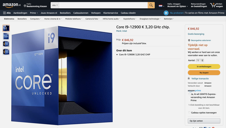 Der Intel Core i9-12900K wird bei Amazon in den Niederlanden für 846 Euro angeboten. (Bild: Amazon)
