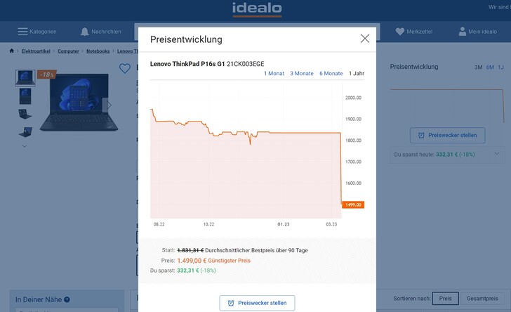 Idealo-Preisentwicklung des ThinkPad P16s AMD