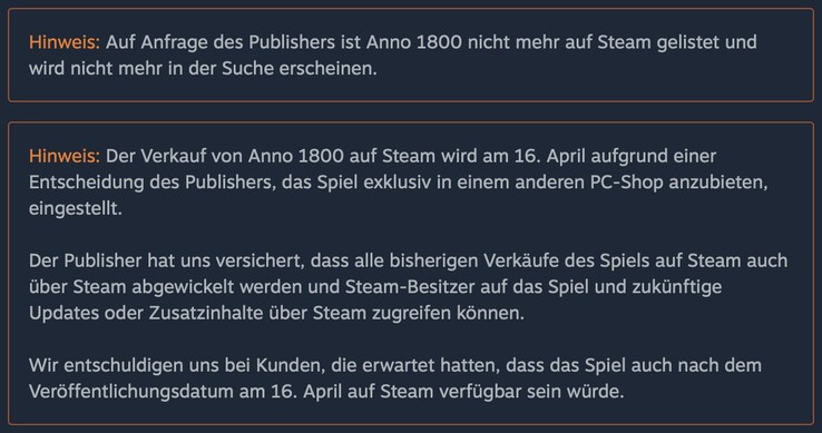 Noch befindet sich die Meldung über die fehlende Verfügbarkeit von Anno 1800 im Steam-Shop (Bild: eigener Screenschot)