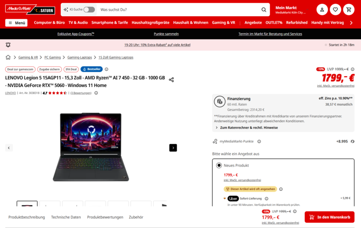 Lenovo Legion 5 15AGP11 83Q60029GE für 1.799 Euro.