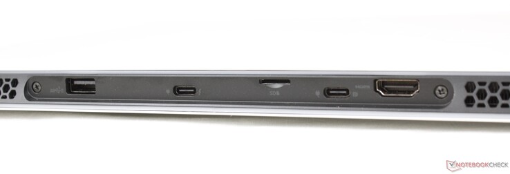 Rückseite: USB-A 3.2 Gen. 1, USB-C mit Thunderbolt 4 + DisplayPort + Power Delivery, MicroSD-Kartenleser, USB-C mit DisplayPort + Power Delivery, HDMI 2.1