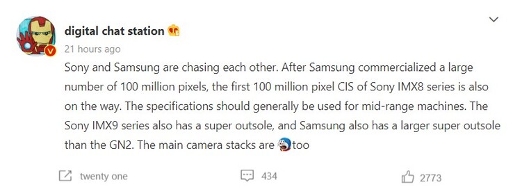 Der Post des chinesischen Leakers Digital Chat Station deutet auf einen riesigen Samsung-Sensor und den ersten 100 MP-Sensor von Sony.