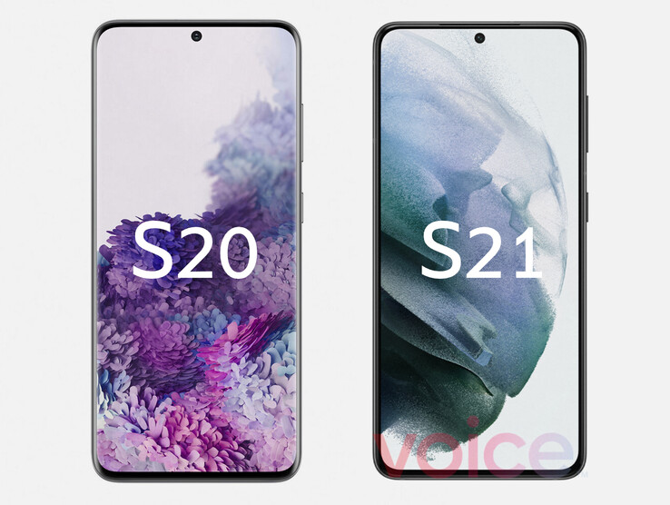 Das Samsung Galaxy S21 rechts verzichtet auf die abgerundeten Kanten, sonst sehen die Smartphones von vorne fast identisch aus. (Bild: Samsung / Evan Blass)