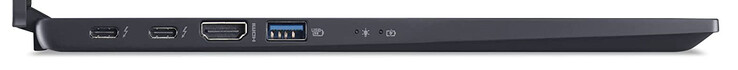 Linke Seite: 2x Thunderbolt 4 (USB-C; Displayport, Power Delivery), HDMI, USB 3.2 Gen 2 (USB-A)