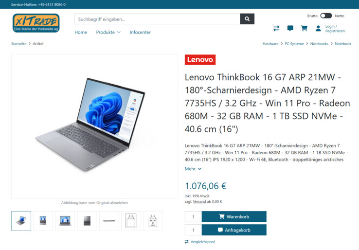 Lenovo ThinkBook 16 Gen 7 ARP 21MW007VGE für 1.076,06 Euro.