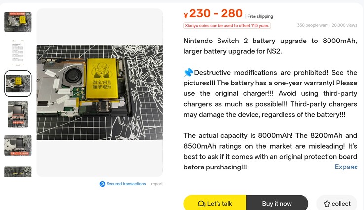 Das Xianyu-Angebot für einen größeren 8.000-mAh-Akku für die Nintendo Switch 2.