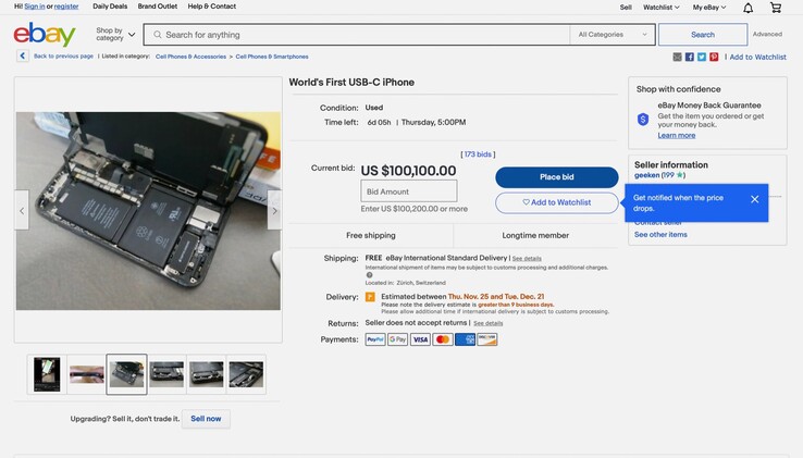 Das Apple iPhone X mit USB-C-Port kostet auf ebay schon über 100.000 Euro. (Screenshot: ebay)