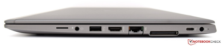 Rechts: Micro-SIM, Kopfhörer-/Mikrofonanschluss (kombiniert), USB 3.1 Gen 1, HDMI 1.4b, RJ-45, Dockinganschluss, Thunderbolt (USB Type-C), Netzteilanschluss