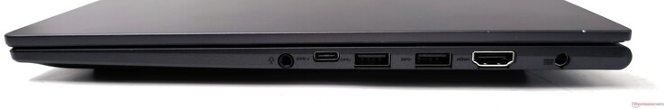 Rechts: 3,5-mm-Klinkenanschluss, USB 3.2 Gen1 Typ-C, 2x USB 3.2 Gen1 Typ-A, HDMI 1.4, Stromanschluss
