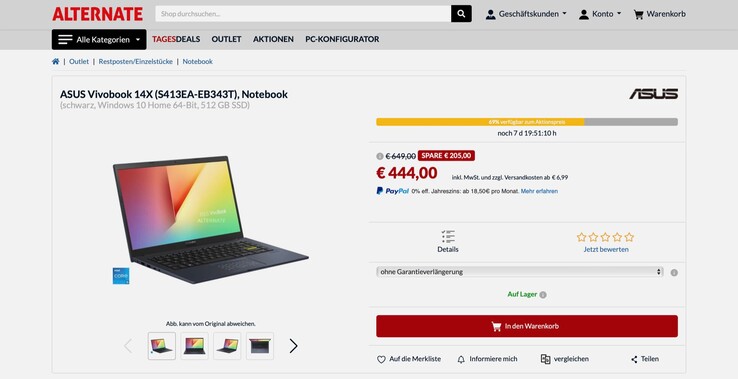 Das Asus Vivobook S14 wird bei Alternate fälschlich als Vivobook 14X vermarktet. (Bild: Alternate)