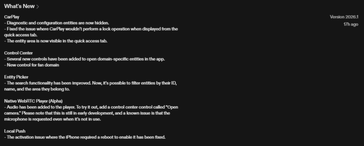 Das Changelog für die Home Assistant iOS App mit der Versionsnummer 2026.1. (Bildquelle: Screenshot aus dem Apple App Store)