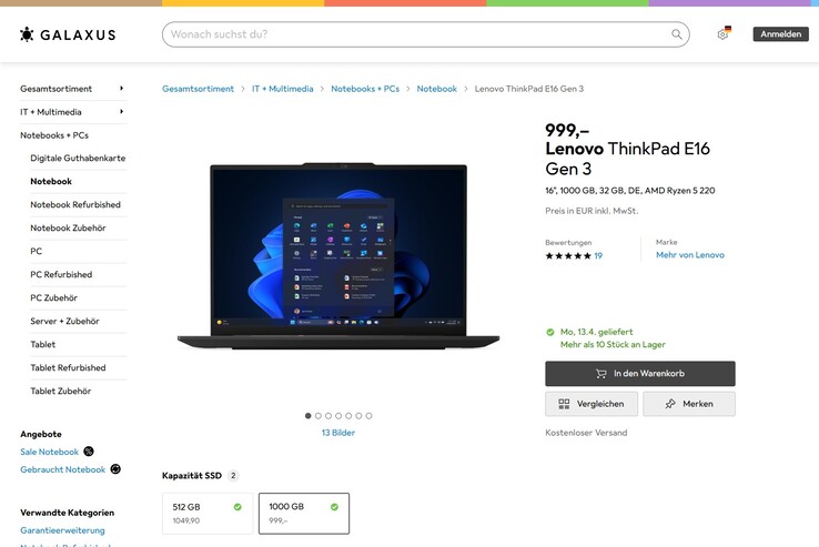 Lenovo ThinkPad E16 Gen 3 (21ST004GGE) für 999 Euro.