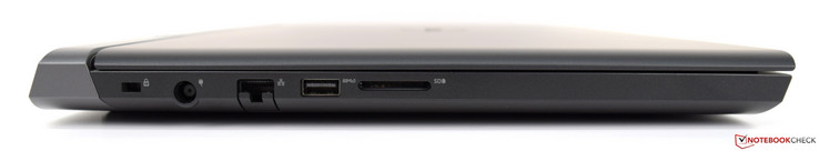 Links: Noble Lock, Netzteil, Gigabit-Ethernet, USB 3.1, SD-Leser