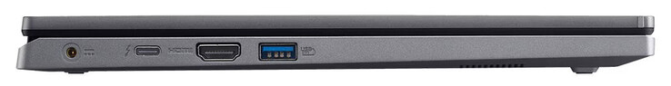 Linke Seite: Netzanschluss, Thunderbolt 4 (USB-C; Power Delivery, Displayport), HDMI, USB 3.2 Gen 1 (USB-A)