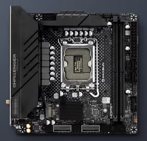 Mini-ITX-Mainboard mit x8+x8-PCIe-5.0-MCIO-Anschlüssen an der Unterseite.