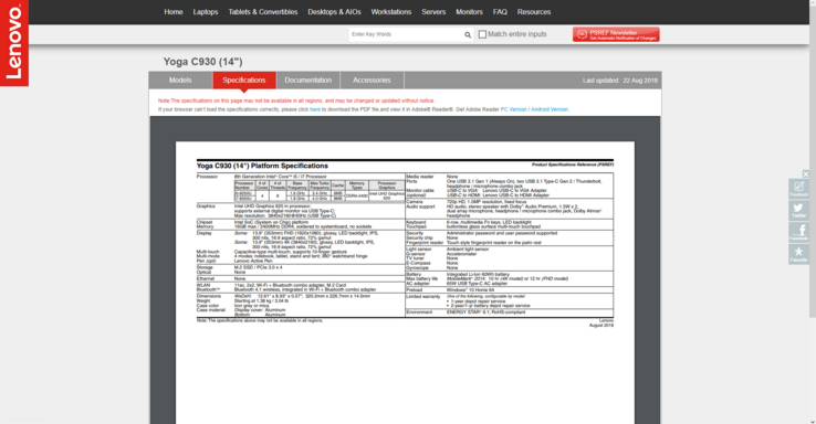 Lenovo's PSREF Webseite wurde zu früh aktualisiert