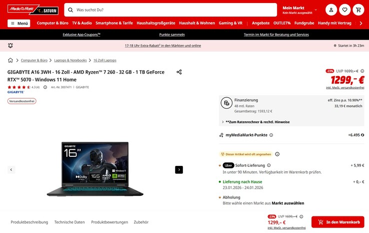 Gigabyte Gaming A16 3WHK3DE864SH im Angebot für 1.299 Euro.