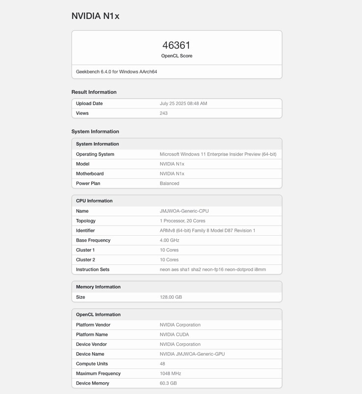 Nvidias N1x ARM-Chip besitzt offenbar eine GPU auf dem Niveau der GeForce RTX 5070. (Bildquelle: Geekbench)