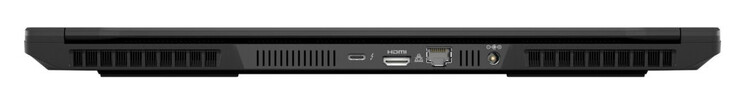 Rückseite: Thunderbolt 4 (USB-C; Power Delivery 1.4, G-Sync), HDMI 2.1, Gigabit-Ethernet (2,5 GBit), Netzanschluss