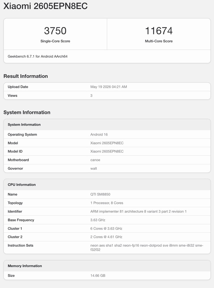 Geekbench-Listing des angeblichen Xiaomi 17 Max.