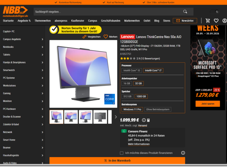 Lenovo ThinkCentre Neo 50a 27 G5 AiO 12SB000SGE für 1.099,99 Euro.