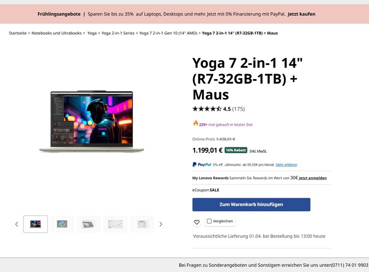 Lenovo Yoga 7 2-in-1 14AKP10 (83JR000PGE) für 1.199,01 Euro.
