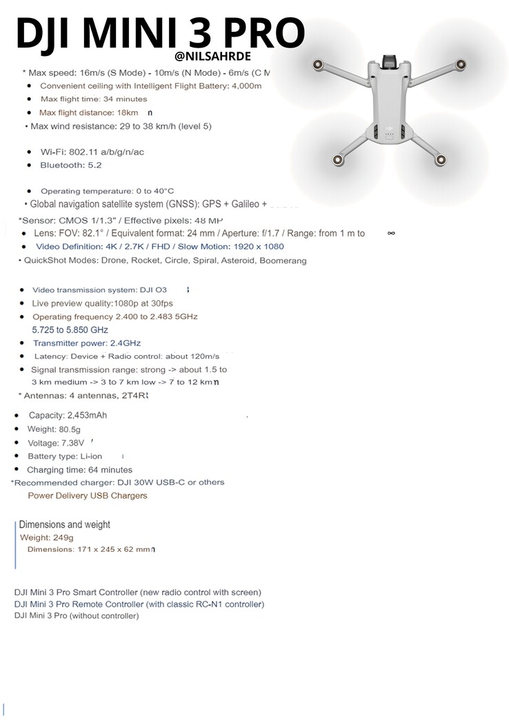 Dieses DJI Mini 3 Pro Datenblatt liefert auch die Maßangaben zur neuen Minidrohne.