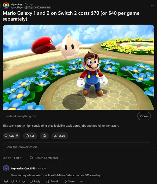 Preisdebatte zu Super Mario Galaxy und Super Mario Galaxy 2 Switch (Bildquelle: Screenshot, Iggy_Slayer@Gaming subreddit)