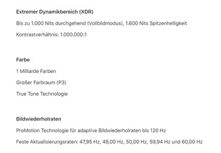 Technische Daten bei Apple geben keinen Hinweis auf die eingeschränkte Helligkeit bei SDR-Inhalten (Bildquelle: https://www.apple.com/de/macbook-pro-14-and-16/specs/))