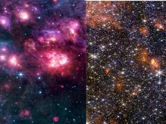 Eine Collage der MIRI- und NIRCam-Aufnahmen von Sagittarius B2 (Bildquelle: diverse, siehe Quellen unten, bearbeitet)