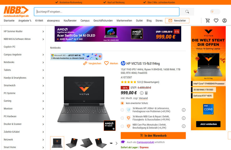 HP Victus 15-fb3194ng im Angebot für 999 Euro.
