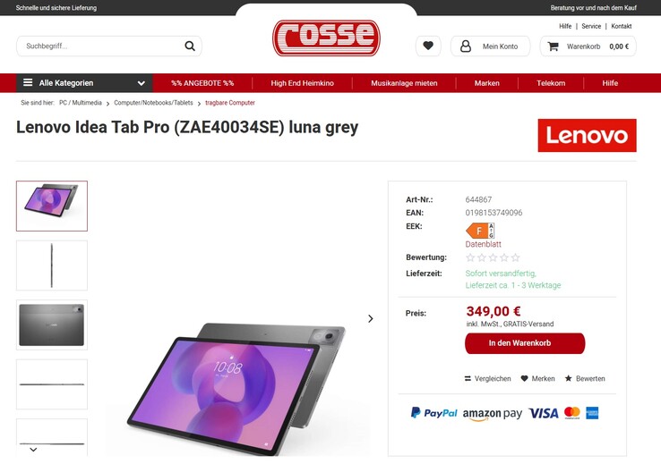 Lenovo Idea Tab Pro ZAE40034SE für 349 Euro.
